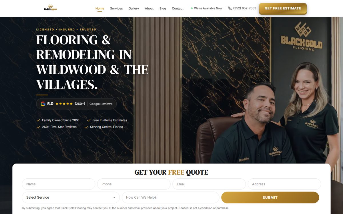 Black Gold Flooring's website home page on a desktop screen